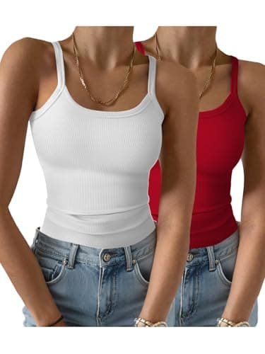 GKBK 2 Pack Womens Sleeveless Tank Top Form Fitting Spaghetti Strap Scoop Neck Ribbed Knit Workout Lounge Basic Slim Fitted Crop Summer 2025 Cami Layering Casual Shirts White Red L - Image 1