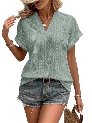 RICHSTORY Womens Spring Fashion 2026 V Neck Short Sleeve Tops Soft Textured Work Shirts Summer Blouses for Women Business Casual Green Large - Image 1