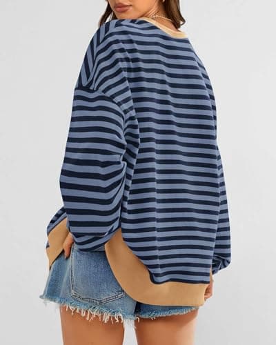 BTFBM Womens Oversized Striped Sweatshirt 2026 Spring Crewneck Long Sleeve Pullover Top Casual Y2K Clothes Workout Shirt(Blue Navy, Large) - Thumbnail 2