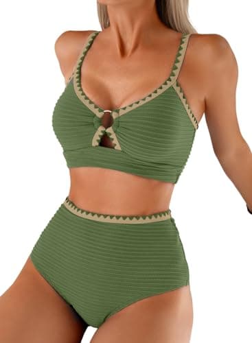 Herseas Women's Sexy 2 Piece Bikini Sets Textured Popular Swimsuits High Waisted Whip Stitch O Ring Girls Bathing Suits Soft Flattering Green Vintage Resort Wear X-Large - Image 1