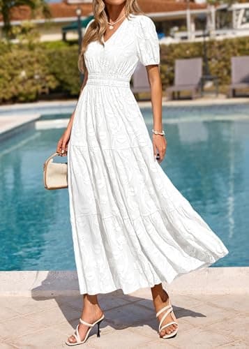 KIRUNDO Womens Boho Maxi Dress Summer Short Sleeve V Neck Floral Flowy A Line Formal Wedding Guest Baby Shower Long Dresses(White, X-Large) - Thumbnail 3