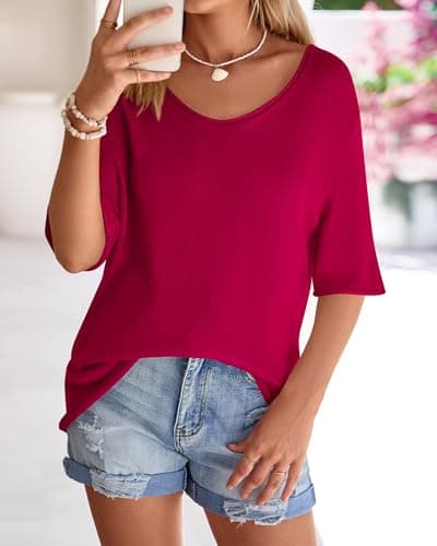 BTFBM Sweaters for Women 2026 Summer Oversized Half Short Sleeve Knitted Pullover V Neck‌ Casual Loose Fit Spring Tops(Red, Large) - Thumbnail 4