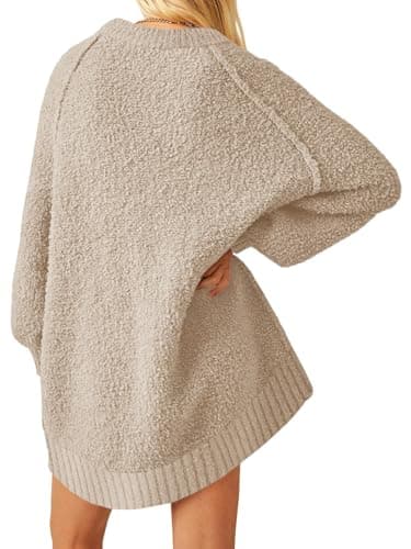 UNCLECAT Womens Oversized Sweater 2025 Fall Trendy Fuzzy Crew Neck Long Sleeve Casual Tunic Sweaters Beige - Thumbnail 2
