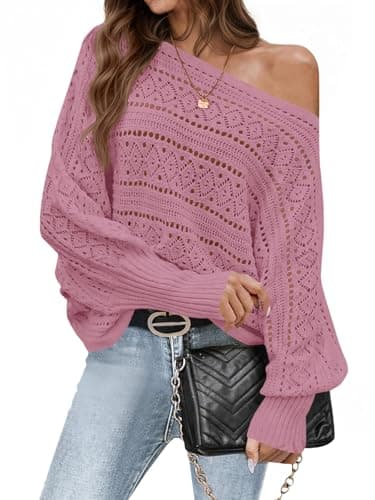 Saodimallsu Womens Off The Shoulder Sweaters Fall 2025 Oversized Knit Batwing Long Sleeve Crochet Pullover Sweater Tops Pink - Image 1