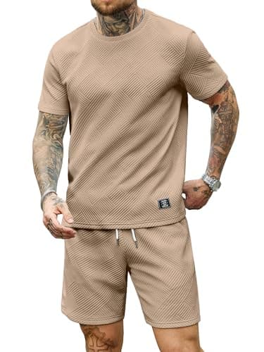 JEMLDL Mens 2 Piece Outfit Set Summer Jacquard T-Shirt Shorts Casual Short Sleeve Lounge Wear Clothing Sets for Men Dark Khaki L - Image 1