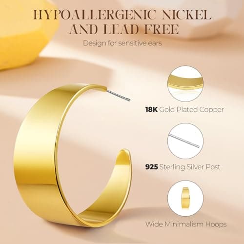 Eyeshock Chunky Gold Hoops Hypoallergenic Thick Statement Earrings for Women 18K Gold Plated Wide Hoop Earrings - Thumbnail 3