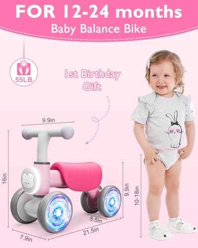 Doselie Toddler Outdoor Toys Balance Bike for 1 2 Year Old Girl Birthday Gifts,4 Wheels Colorful Lighting with Music Baby Balance Bike,Toddler Toys for 1st 2 Year Old - Thumbnail 4