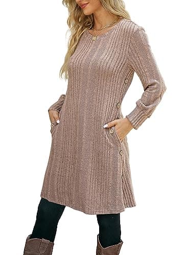Kikibell Long Sleeve Casual Dress for Women Crew Neck Winter Dresses with Pockets Button Side Khaki - Image 1