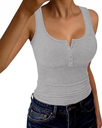 GKBK Womens Backless Ribbed Tank Tops Scoop Neck Low Cut Sexy Casual Slim Fit Sleeveless Summer Henley Cami Shirts Grey - Image 1
