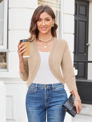 Belle Poque Womens 3/4 Sleeve Bolero Shrug Open Front Knit Cropped Cardigan(Apricot L) - Thumbnail 6