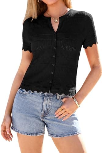 dowerme Women Summer Cardigan Sweaters 2026 Fashion Short Sleeve V Neck Crochet Crop Tops Spring Beach Vacation Clothes(Black,X-Large) - Image 1