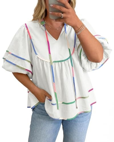 Beautife Womens Plus Size Summer Babydoll Tops Peplum V Neck Lantern Short Sleeve Shirts Cute Flowy Loose Fit Blouses White - Image 1