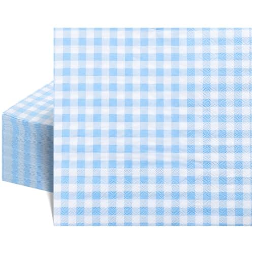 NatNarr Blue Gingham Napkins, 6.5X6.5 Inch Light Blue and white Napkins Disposable Checkered Luncheon Napkin for Boy Baby Shower, Birthday, Wedding - Image 1
