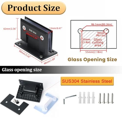 Alise Glass Shower Door Hinge,Hinges for Glass Doors,Heavy Duty Solid SUS304 Stainless Steel 90° Cabinet Hinges,Frameless Shower Doors Hardware Replacement Part,Matte Black(1P) - Thumbnail 2