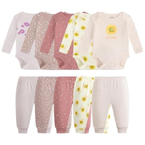 Baby Newborn Layette 10-Piece Set Cotton Bodysuits Long Sleeve Pants Sets Baby Boys Girls Toddler Unisex Baby Gift Sets Sunflower for 0 3 Months - Image 1