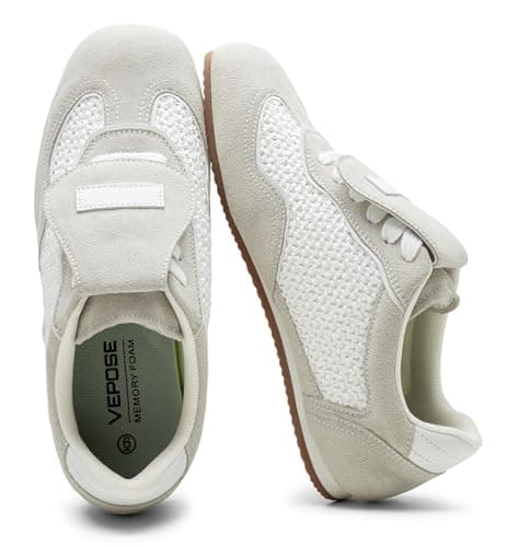Vepose Women's Retro Square Toe GAT Sneakers Suede Trainers with Removable Flap, Arch Support Walking Shoes for Office Travel, White, Size 6.5M US (CJY8203 whitegrey 06.5) - Image 1