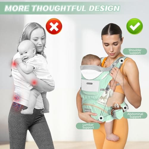Boobezeen Baby Carrier with Hip Seat, Ergonomic M Position 6-in-1 Baby Carrier Newborns to Toddlers, Adjustable Baby Holder Carrier, All Seasons(Green) - Thumbnail 4