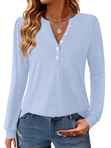 GKBK Women's Puff Long Sleeve Tunic V Neck Button Blouses Fall Tops Trendy Dressy Casual Business Henley Shirts Light Blue S - Image 1