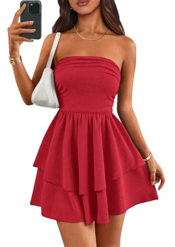 PRETTYGARDEN Women's 2026 Summer Strapless Tube Mini Dress Off Shoulder Smocked Ruffle A Line Flowy Short Party Club Dresses (Red,X-Large) - Image 1