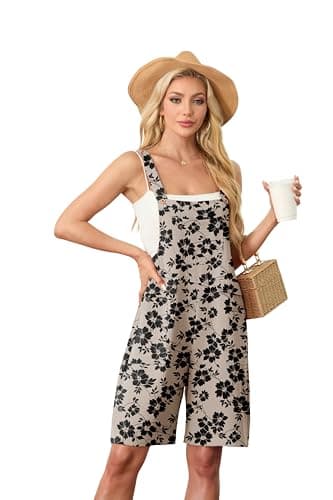 HiMONE Overalls For Women Shorts Loose Fit Women Summer Rompers Vacation Casual Wear (Khaki Black Flower-S) - Image 1