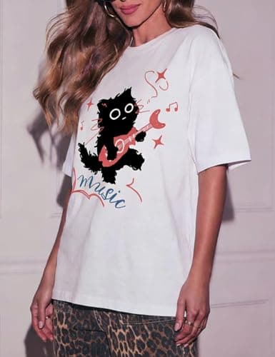 Women's Vintage T-Shirt Y2K Cat Graphic Harajuku Tee Tops Grunge Streetwear Clothes Baggy Cute Emo Cotton Shirts(White-M) - Thumbnail 2
