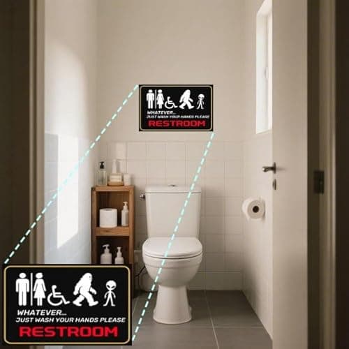 Carastora All-Gender Bathroom Wall Sign – Funny Wash Hands Reminder, Alien & Creature Theme Metal Sign for Home, Office or Public Restroom, 8x12 Inch - Thumbnail 2