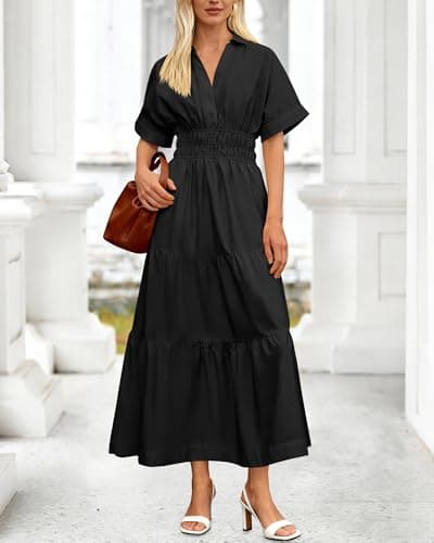 BTFBM Wedding Guest Dresses for Women Beach Fashion Casual Short Sleeve V Neck Solid Spring Summer Boho Maxi Dress (Black,Small) - Thumbnail 3