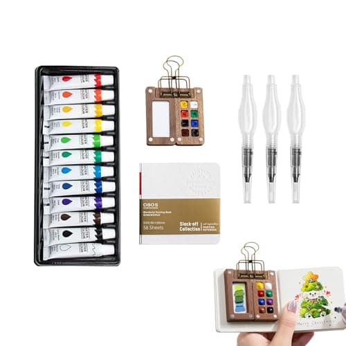 YAKUNCL 12-Color Mini Watercolor Travel Set with Wooden Sketchbook Kit - Portable Watercolor Painting Set Including Water Brush Pen, Sketch Pad & Copper Clip for Artists, Students & Painters - Image 1