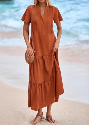 KIRUNDO Summer Maxi Dresses for Women 2026 Spring Fashion Short Sleeve Button V Neck Pleated Loose Tiered Swing Flowy Dress(Rust Red, X-Large) - Thumbnail 6
