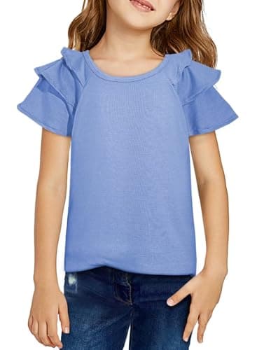 DOKOTOO KIDS Girls' Fashion Ruffle Trim Top Cute Crewneck Flutter Sleeve Blouses Shirt School Picture Day Outfit Sky Blue 10-11 Years - Image 1