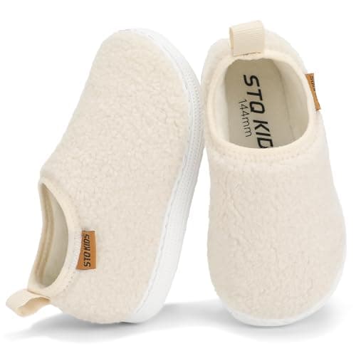 Toddler Boys Girls Slippers Indoor House Shoes Non-Slip Slip-On Baby Kids Fuzzy Warm Woolen Bedroom Slipper Cozy Lightweight Walking Shoes for Home Outdoor Winter Unisex Beige Toddler 5 - Image 1