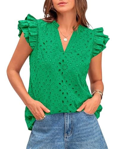 BTFBM Spring Summer Tops for Women 2026 Dressy Casual V Neck Ruffle Cap Sleeve Embroidered Eyelet Blouses Resort Wear(Green, X-Large) - Image 1