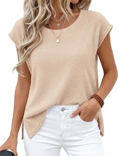 BTFBM Sweater Vest Women 2026 Spring Summer Cap Sleeve Crew Neck Casual Loose Business Tops Western Vacation Outfits(Apricot, Medium) - Image 1