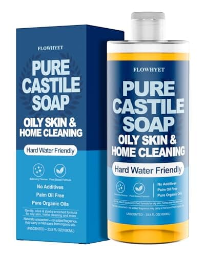 FLOWHYET Pure Castile Soap Liquid Unscented 33.8 fl oz, EWG Verified Organic Body Wash，Bath Soap Castile Liquid, Hard Water Friendly for Sensitive & Oily Skin for Body，Face, Hand, Home Cleaner 1L - Image 1