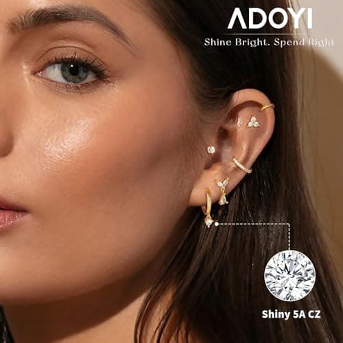 adoyi Gold Hoop Earrings Set for Women Hypoallergenic Stainless Steel Earrings for Sensitive Ears 14K Gold Plated Flat Back Studs Cartilage Earring for Women Lightweight Jewelry Gifts - Thumbnail 2