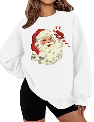 LETSEE Merry Christmas Sweatshirt for Women Crewneck Graphic Loose Fit Casual Pullover Shirts Xmas Gifts Holiday Tops, A-White, X-Large - Image 1