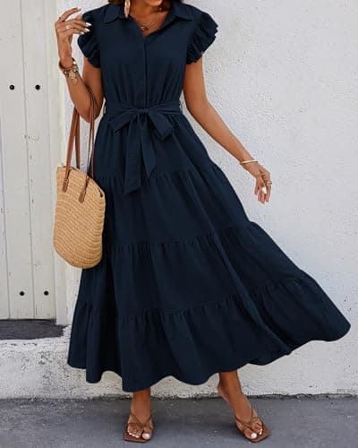 dowerme Women's Summer Casual Dresses 2025 Cap Ruffle Sleeve V Neck Button Belted Tiered Boho Maxi Dress with Pockets(Navy,Small) - Thumbnail 3
