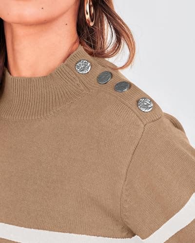 KIRUNDO Fall Sweaters for Women 2026 Striped Turtleneck Ribbed Knit Sweater Trendy Pullover Jumper Winter Fashion Clothing(X-Large, Light Khaki) - Thumbnail 5