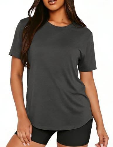 LETSEE Women's Short Sleeve Tops Summer Athletic Yoga Tshirts Soft Crew Neck Casual T-Shirt Dark Grey M - Image 1