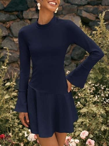 Wenrine Womens Long Bell Sleeve Mini Dress Casual Mock Neck Ruffle Hem Slim Fit Fall Knit Dresses Navy - Thumbnail 3