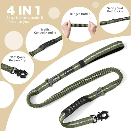 AIRUIDOG Heavy Duty Tactical Bungee Dog Leash, 4-6FT Shock Absorbing Tactical Dog Leash with 2 Padded Handles, Metal Carabiner Clip, Car Seatbelt, Reflective for Medium Large Dogs (ArmyGreen) - Thumbnail 3