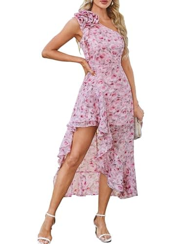 GRACE KARIN Womens 2026 Floral One Shoulder Sleeveless Dresses Ruffle Hem Flowy Boho Wedding Guest Sundress Pink Roses Pink Roses 8 - Image 1