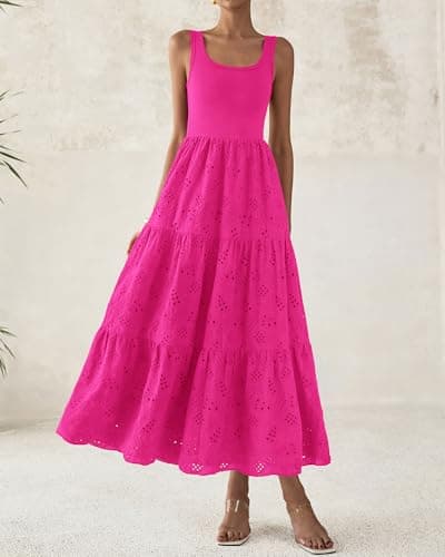 BTFBM Women Summer Eyelet Midi Dresses Casual Spring 2026 Sleeveless A Line Flowy Vacation Beach Wedding Guest Sun Dress(Hot Pink, X-Large) - Thumbnail 6