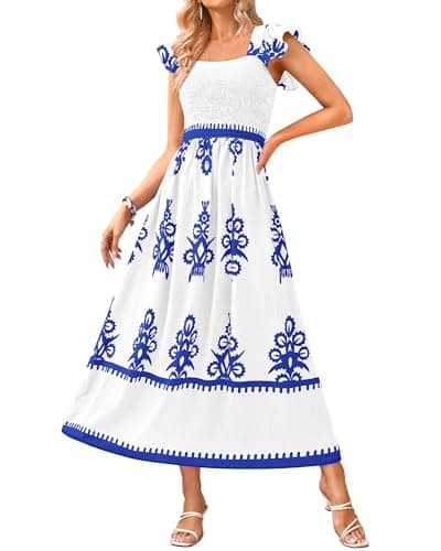 BTFBM Summer Dresses for Women 2026 Floral Smocked Boho Sleeveless Square Neck A Line Casual Beach Maxi Dress Pockets(White Blue Flower, X-Large) - Image 1