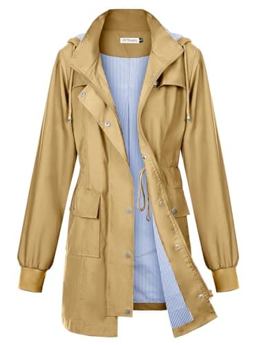 PITINAN Womens Raincoats Waterproof with Hood Outdoor Windbreaker Lightweight Women Rain Jacket Hooded Rain Coats Khaki XL - Image 1