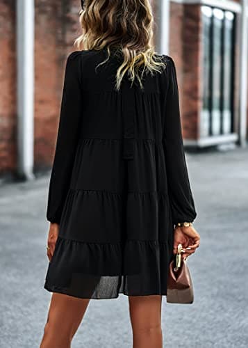 KIRUNDO Long Sleeve Baby Doll Dresses Women 2026 Casual Spring Summer Ruffle Mock Neck Tiered Mini Flowy Swing Shift Dress(Black, Medium) - Thumbnail 5