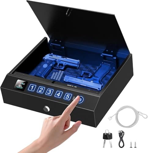 Biometric Gun Safe for Handgun 3-Ways unlock Fingerprint Digital PIN Key Unlock Pistol Safe with Security Cable Gun Lock Box With Interior Light For Nightstand Car & Home Security - Image 1