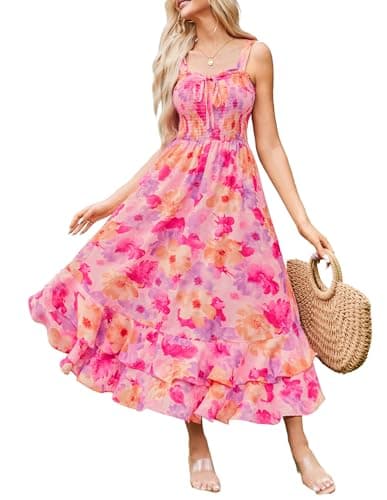 GRACE KARIN Women's 2025 Summer Floral Boho Dress Square Neck Strapped Swing A Line Sundress Beach Long Maxi OutfitsPink Yellow M - Image 1