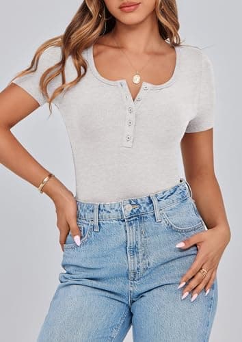 PRETTYGARDEN Women's 2026 Fall Summer Short Sleeve Tops Ribbed Henley Button Slim Fit Basic Casual T Shirts Blouse Clothing (Light Grey,X-Small) - Thumbnail 3