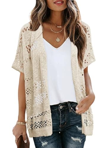 KISSMODA Netted Crochet Cardigan V-Neck Cool-Touch Boho Apricot Vacation Outdoor Date Outfit for Ladies M - Thumbnail 4